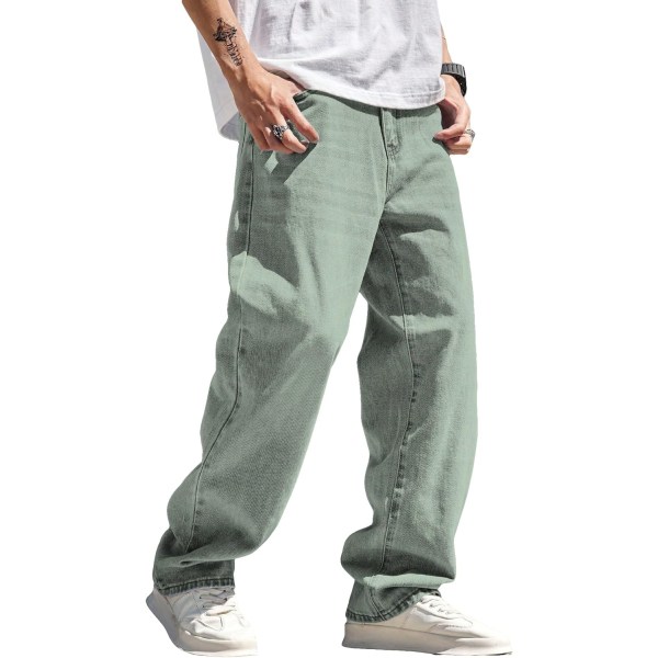 dusa mäns hög midja lösa jeans Baggy raka ben Jeansbyxor Byxor Grön Liten