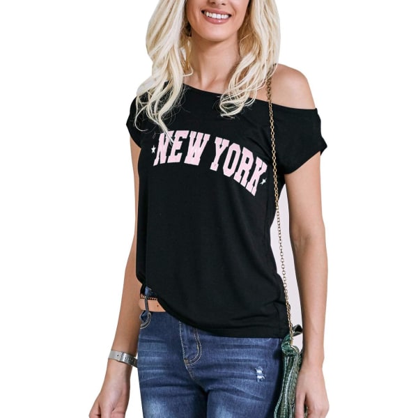 oco Dam 80-talets axelbandslinnen med korta ärmar, avslappnad passform, blus T-shirt svart, New York Small