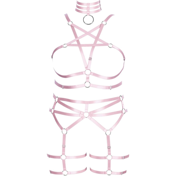 tagram Plus Size Dam Body Harness Punk Full Cage BH-set Hollow Out Justerbar Gotisk Dans Festival Rave Rosa