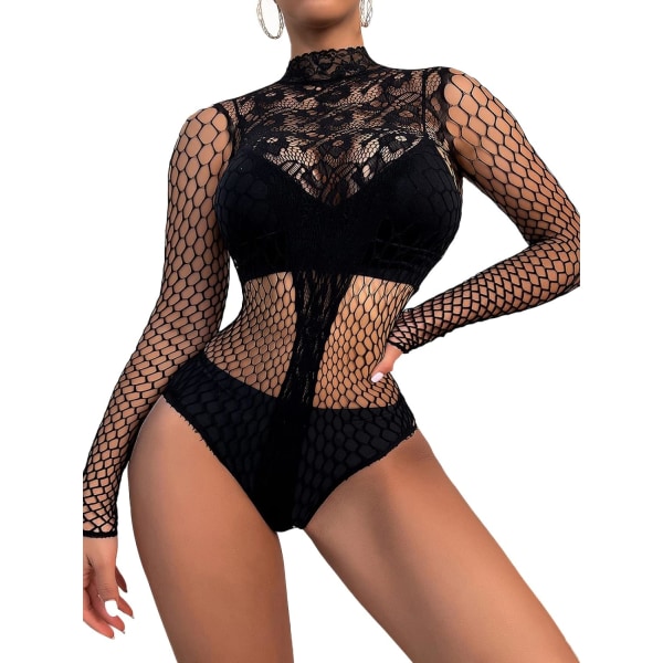 iCat Mesh Fisknät, Babydoll Miniklänning, Bodysuit i fri storlek Svart60167