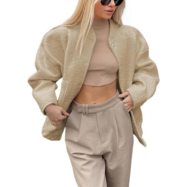 lisan Dam Oversized Ullblandning Bomberjacka Casual Button Down Varsityjacka med Fickor
