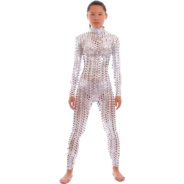 ksmile Unisex Hollow-Curved Shiny Dancewear Catsuit Body Silver Medium