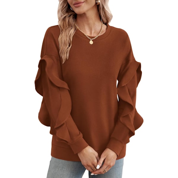 EFAN Dam hösttoppar volang långärmad tröjor lättviktig rundhalsad tunika klänning casual 02-karamell X-Large