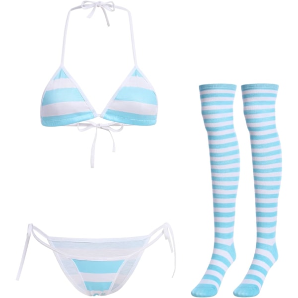 FIP Dam söt Kawaii Anime Lingerie Set Halter Strap Micro BH Tiny Trosa Strumpeband Randiga Strumpor 4 st Underkläder, Blå - Bred Str En Storlek