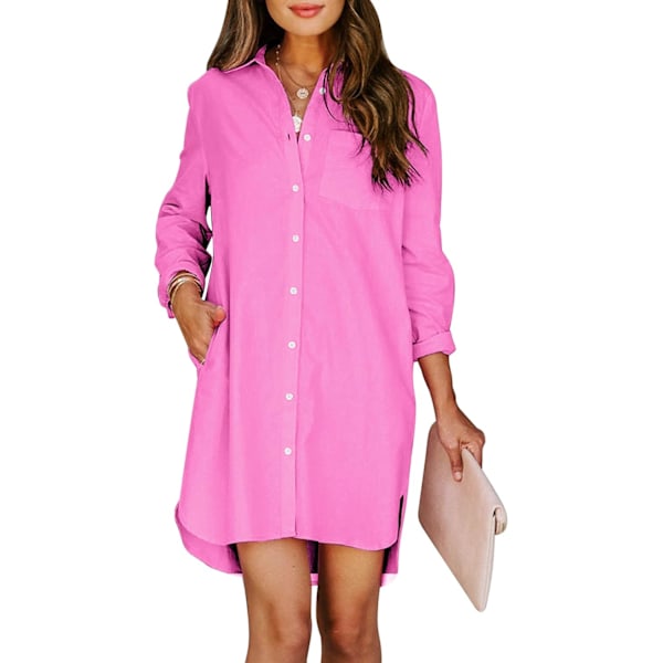 dery Dam Button Down Skjortklänningar med Ficka Bomull Button Up Tunikor Långärmad Solid High Low Blus Toppar