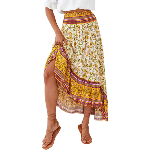 ivimos Dam Floral Print Bomull Volang Hög Låg Boho Midi Kjol Ljusgul Stor