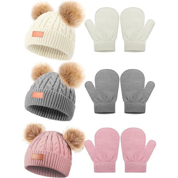 INIOR 3 Set Toddler Hat Glove Set, Barn Vintermössor Varmt Stickad Mössa Vantar Handskar med Rosett för Baby Flickor Pojkar 0-6Y