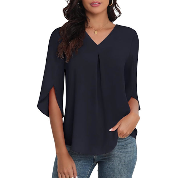 LASI Dam sommar chiffong skjorta 3/4 ärm V-ringning avslappnad lös workwear topp lämplig för leggings 2024 flytande formell T-shirt  Medium