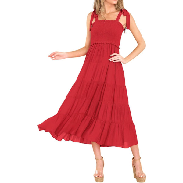 ivimos Dam Sommar Bomull Justerbara Remmar Boho Randig Casual Flowy A Linje Midi Klänning med Ficka Röd#2 Medium