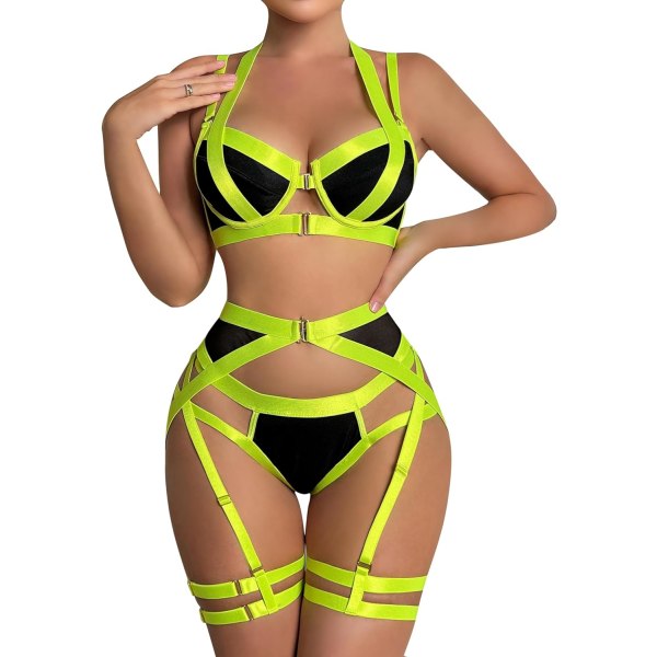 yx Strumpebandsunderkläder för kvinnor,Sexiga Strappy Underkläder, Matchande 4-delade spetsunderkläderset med bygel Svart Grön Liten
