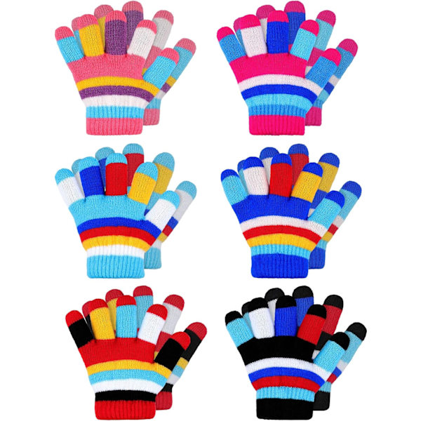INIOR 6 par barn vinter stickade ränder handskar söta full finger handskar, 2-7 år gamla, flerfärgade, en storlek