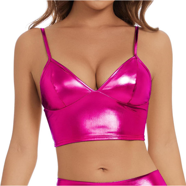 ielzana Dam Metallic Crop Tops Glansig V-hals Tubtopp för Dans, Raves, Festivaler, Kostymer Hotpink Medium