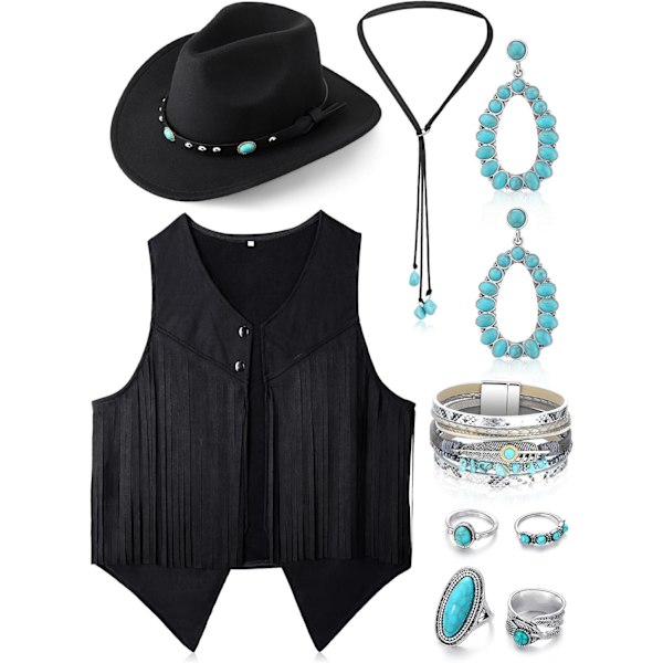 ine 9 st Western Outfits för kvinnor Cowgirl Tassel Ärmlös Väst Cowboyhatt Turkos Smyckesset för Halloween Klänning Svart Medium