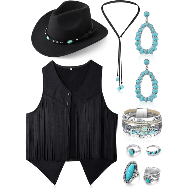 ine 9 st Western outfits för kvinnor Cowgirl tofs Ärmlös väst Cowboyhatt Turkos smycken kit för Halloween Klänning Svart Medium