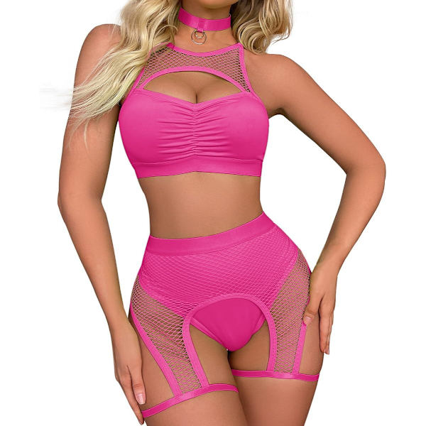 FIP Kvinnors Rave Outfits Cutout Fishnet Top Booty Shorts Botten Choker 3Pcs Babydoll Nattkläder Festival Lingerie Rose Medium