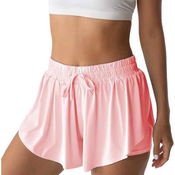 Atletiska shorts för kvinnor löpning tennis fjärilsshorts flickor 2-i-1 dubbla lager snabbtorkande bekväma shorts blekrosa X-Large
