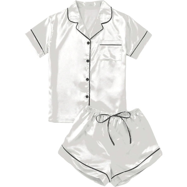dusa Dam 2-delad satin nattkläder knapp fram nattkläder kortärmad pyjamas set vit a Large