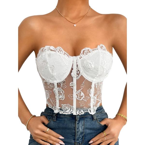 i&Shi Bustier Top, Rosbroderad, Festkläder, Bygel, Avtagbara Remmar Vit 8-10