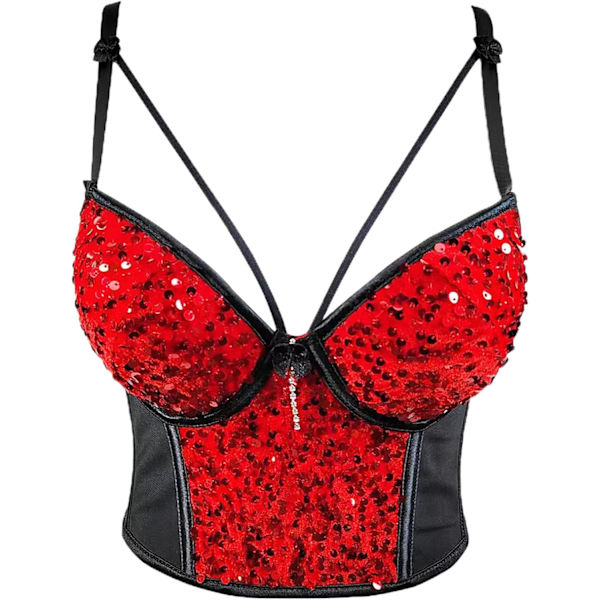 NDEO Dam Cross Cut Sequin Bustier Crop Top Bra Vest Caged Cropped Top Avtagbara Remmar Röd X-Small