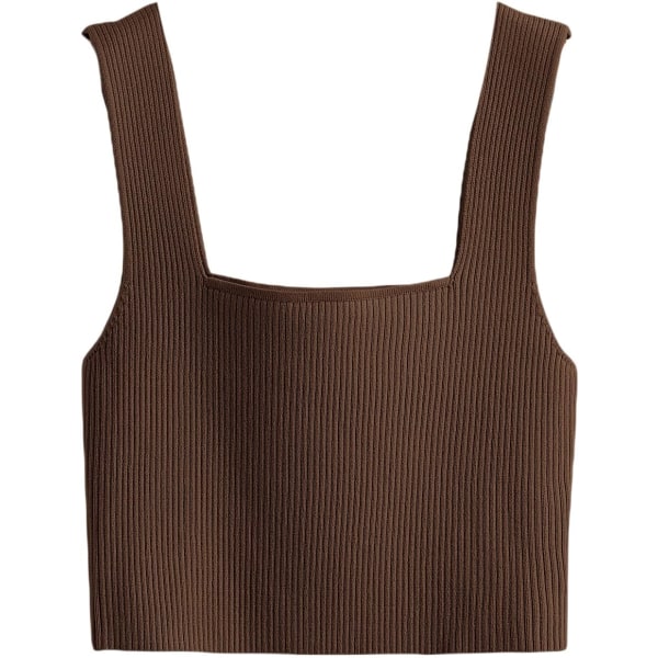 dusa Dam Square Neck Sleeveless Solid Ribbed Knit Crop Top Tank Coffee Brown Medium