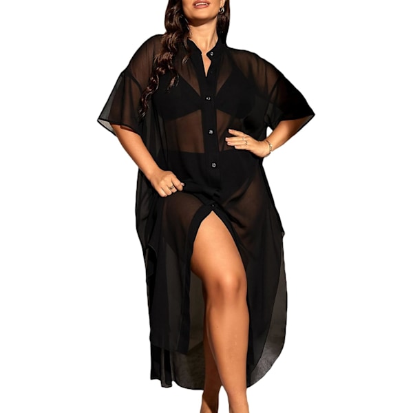 dusa Dam Plus Size Genomskinlig Mesh Halv ärm Lös Baddräkt Maxi Klänning Omslag Svart XX-Large Plus