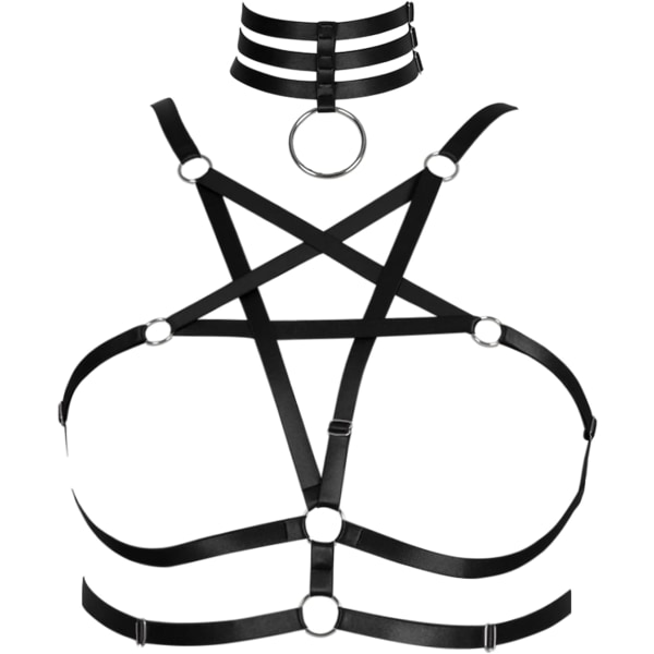 en's Body Harness Pentagram Fashion Bra lingerie cage Belt Plus Size Elastic Punk Gothic Carnival Halloween Dance Costum Black