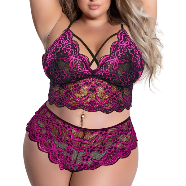 a Lust Plus Size Sexig Underkläder V-Ringning Hög Midja Blommig Spets Criss Cross BH och Trosor 2 Delar Set Ingen Bygel Ros Stor