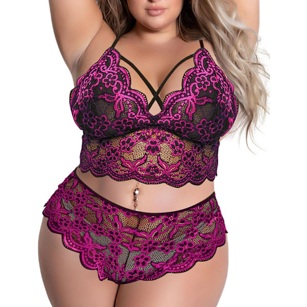 a Lust Plus Size Sexig Underkläder V-Ringning Hög Midja Blomspets Criss Cross BH och Trosa 2 Delar Set Ingen Bygel Ros 4X-Large