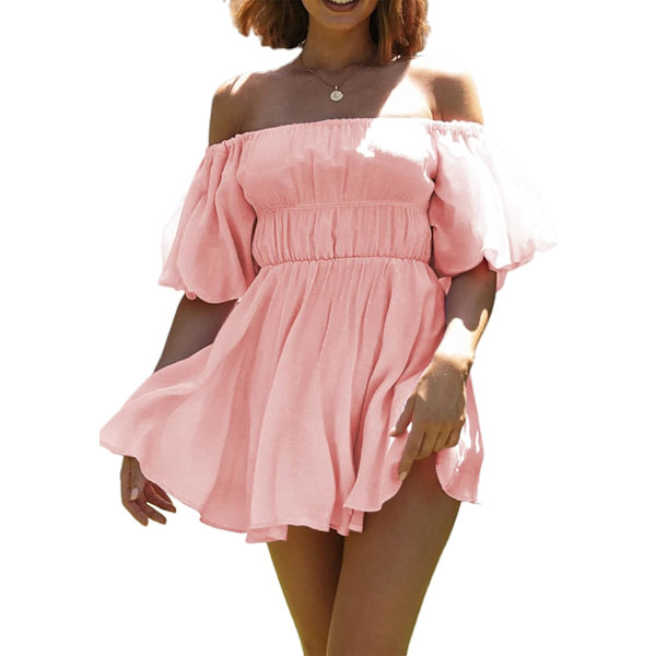 ivimos Sommarklänning för kvinnor, kort puffärm, bohemisk, off shoulder, casual, smockad, swing, miniklänning, rosa, X-Large