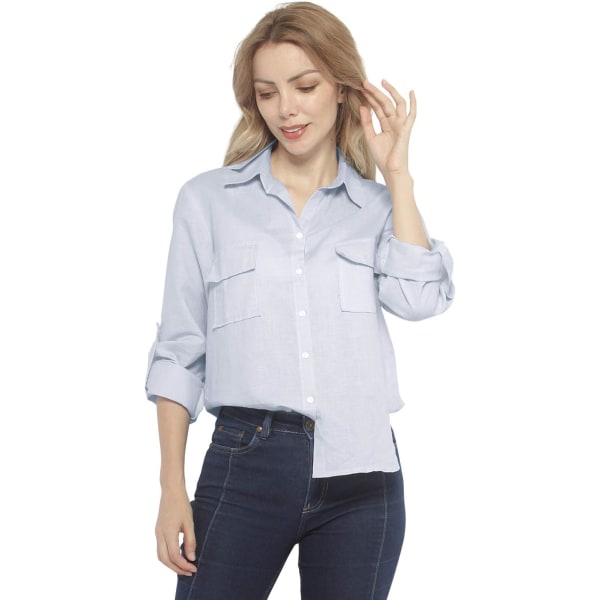 ch Långärmade skjortor i linne med knappar för kvinnor med fickor #2046 Silvergrå Medium