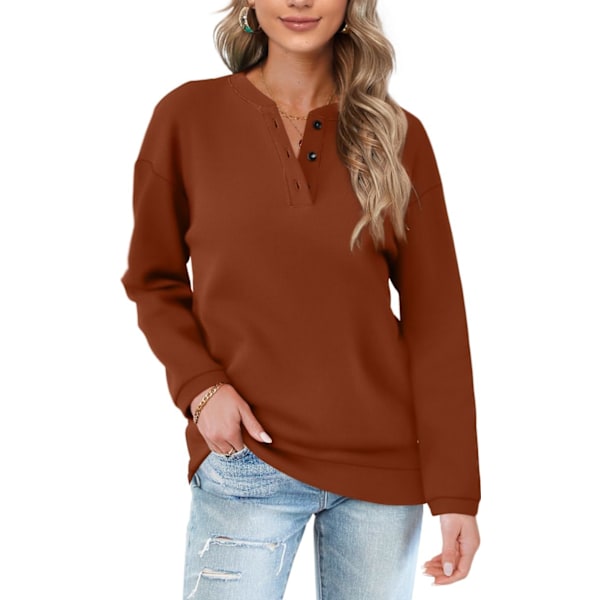 EFAN Dam Casual Sweatshirts Henley Button Up Långärmad Tunika Toppar 05a-karamell Stor