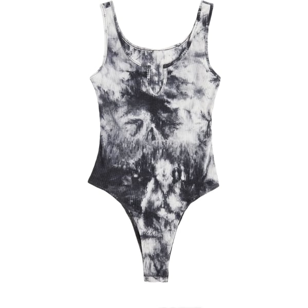 dusa Dam Tie Dye Urringad Hals Ribbad Smal Trosa Tank Bodysuit Topp Svart och Vit Stor