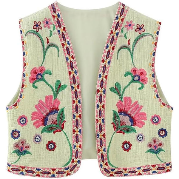 ivimos Dam bomullsbeskuren väst vår sommar ärmlös blommig broderi öppen framsida vintage kofta ljusgrön-rosa X-Large