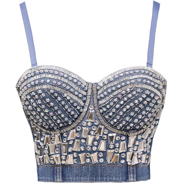 ingerie Dam Rhinestone Denim Push Up Bustier Korsett Crop Top Blå Denim Medium