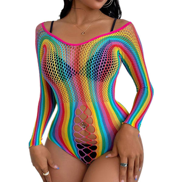 Inker långärmad fisknät Teedy Lingerie genomskinlig blomspets Body One Size Flerfärgad One Size