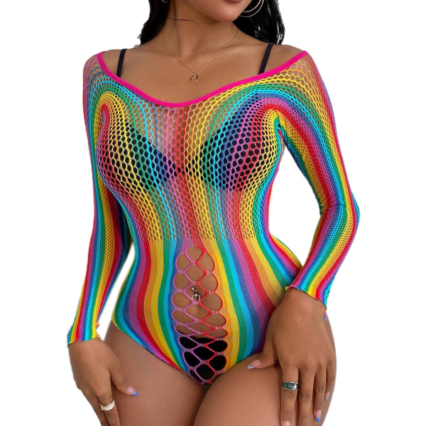 Inker långärmad fisknät Teedy Lingerie genomskinlig blomspets Bodysuit One Size Flerfärgad One Size