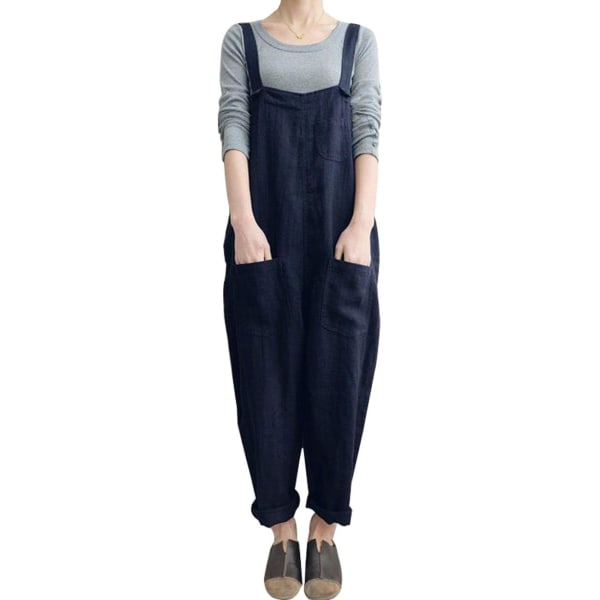 uo Damer Casual Baggy Lös bomull Linne Overall Jumpsuit Marinblå Large