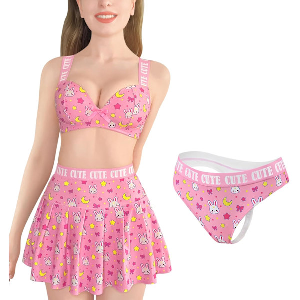tleforbig Kvinnor Hög Midja Elastisk 3 Delar Usagi Sportig Minikjol Bralette Trosor Set Plus Storlek Vänlig Rosa 4X-Large