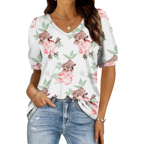 ens Sommartröjor V-ringad Puffärm Loose Fit Mode Casual T-shirts S-2XL 03-flowers Small