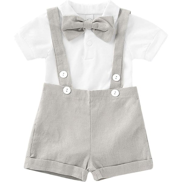 y Pojkar Outfits Gentleman Fluga Romper med Hängslen Byxor 3Pcs Overall Kläder Set Blå Grå 6-9 månader