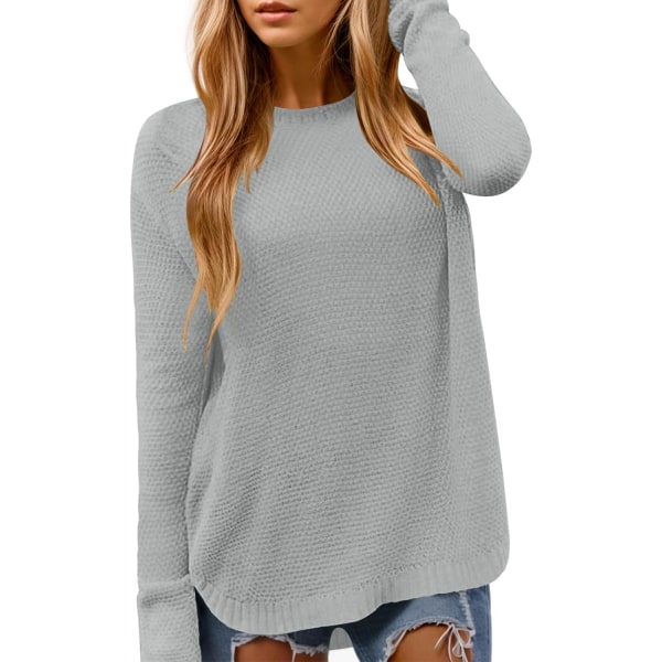 MOON Kvinnor Crewneck långärmad stickad tröja Loose Fit Mjuk Solid Pullover Grå Medium