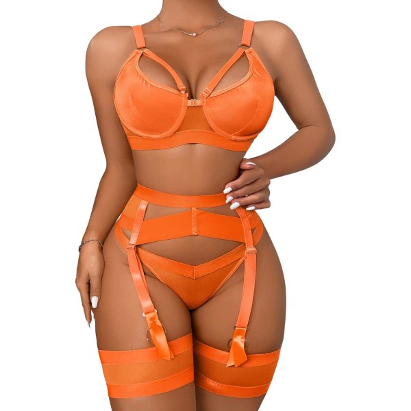 i&Shi Strumpeband Lingerie för Kvinnor, Sexig Spets Lingerie, Genomskinlig Matchande 4-delad Lingerie Set Orange 40