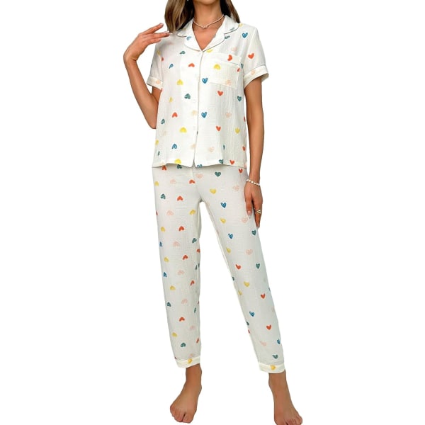dusa Dam 2-delade tryckta pyjamas set nattkläder knapp upp skjorta med byxor Multi Heart Bei X-Large