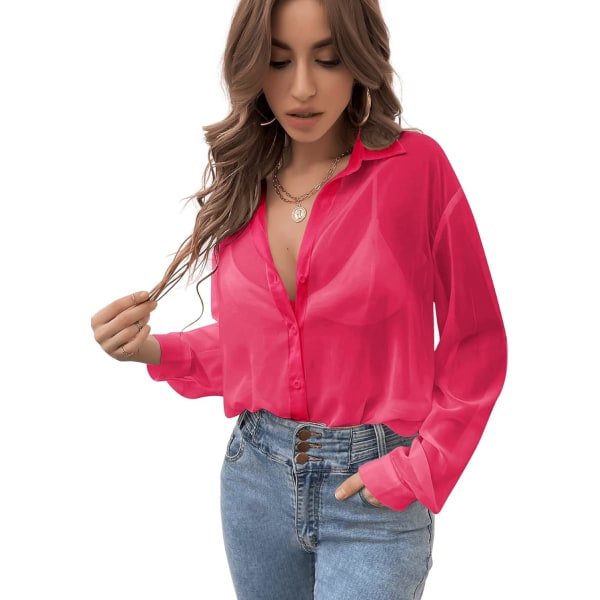 dusa T-tröja med mesh och knappar för kvinnor, långärmad Drop Shoulder Blus Hot Pink Medium