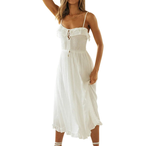 ivimos Dam Sommar Bomull Spaghetti Remmar V-Ringning Volang Casual Boho Midi Flytande Klänning Vit Stor