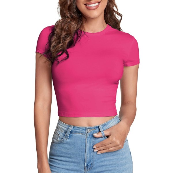 dusa Dam Casual Basic Cap Sleeve Slim Fitted Rund Hals Crop Tee Top Ljus Rosa X-Small