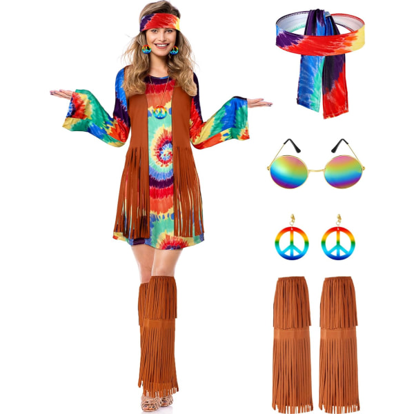 INIOR 70-tal 60-tal Hippie Kostym Set 70-tal Outfits Accessoarer för Halloween Kvinnor Disco Klänning för tjejer Färgglad Tie Dy Vuxenstorlek (liten)