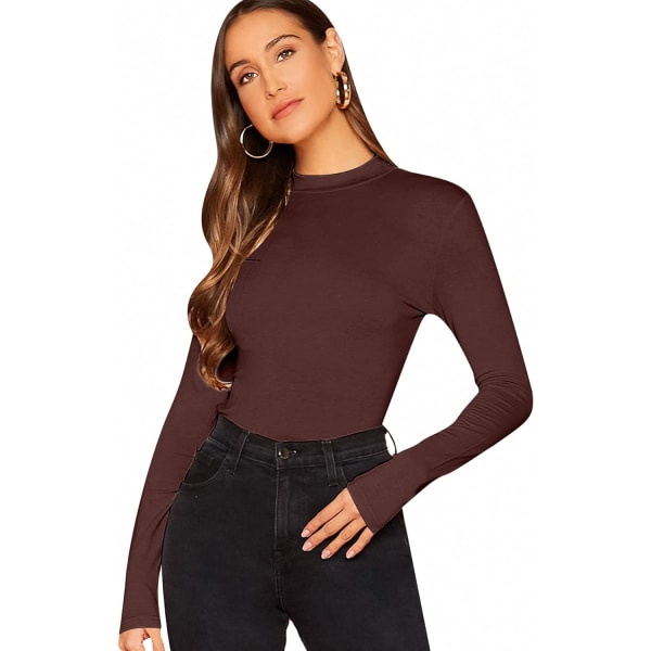 dusa Dam Basic Mock Neck Slim Fitted Långärmad Pullovers Tee Tops Kaffe Brun Liten