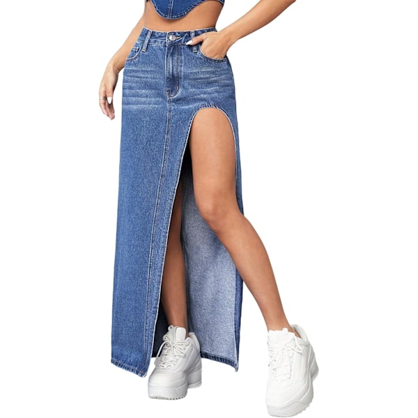 dusa Dam High Waist Split Lår Denim Lång Maxi Kjol Medium Wash X-Small