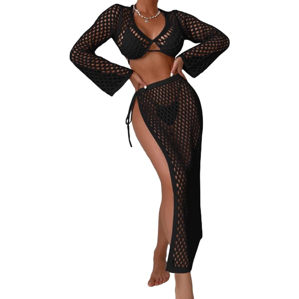 dusa Dam Hollow Out Virkad Crop Cover up Topp och knyt sidokjol Beach Bikini Cover Up Set Black Medium